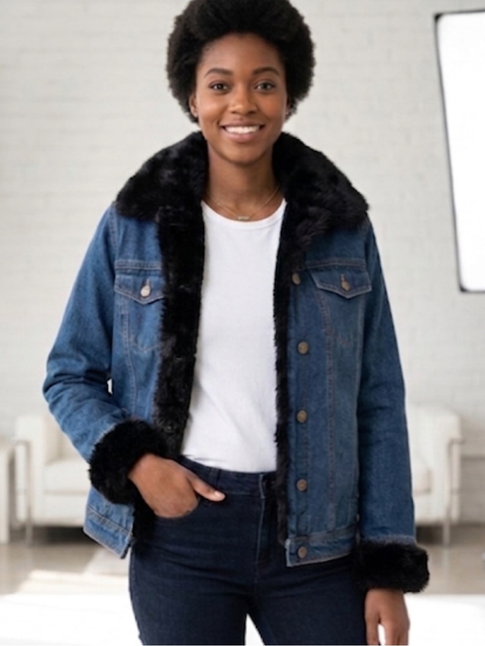 Dennis Basso Denim Faux Fur Vest Jacket Denim Jean Coat with Vest